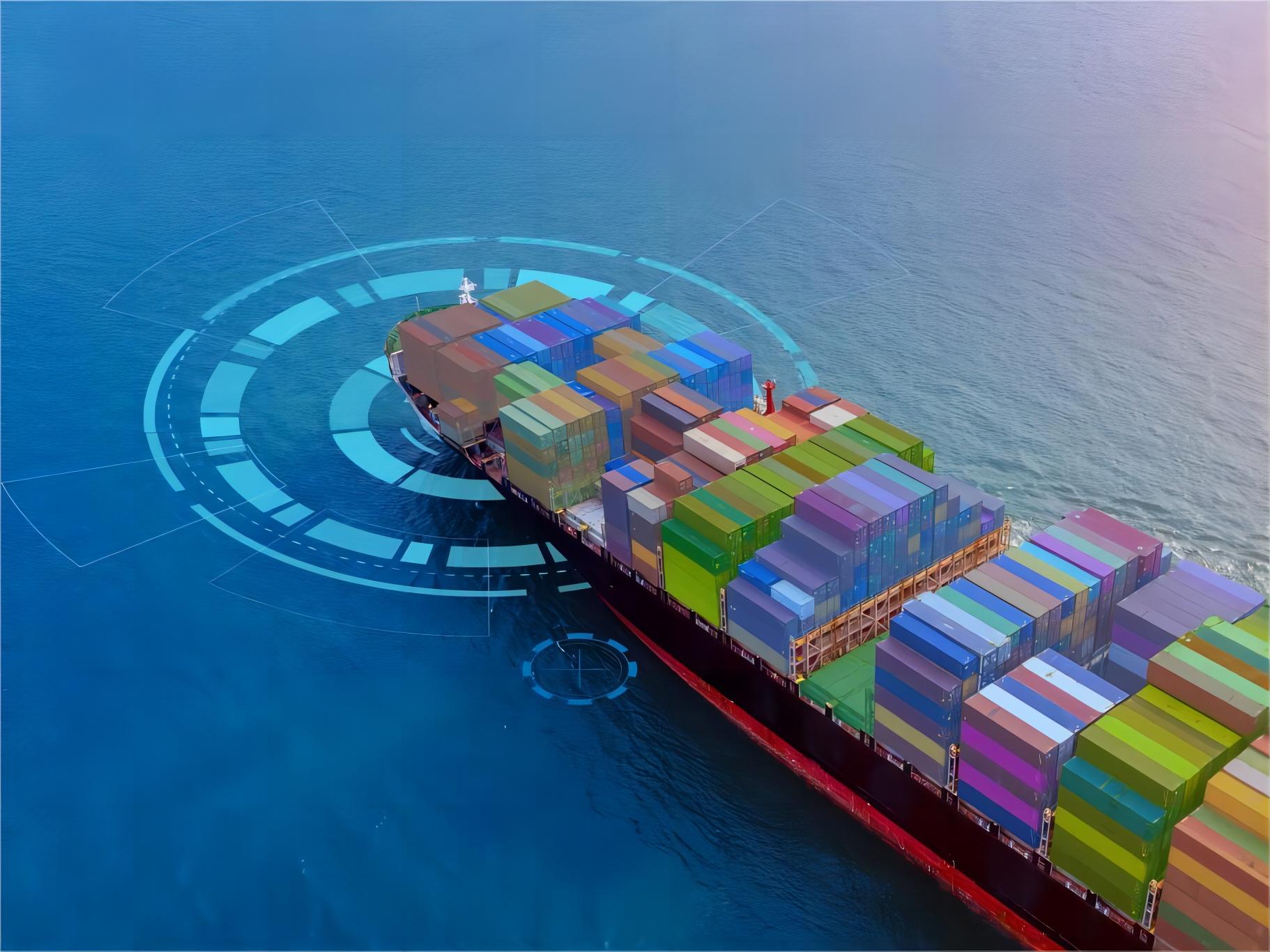 Digital dashboard showing real-time china cargo shipping tracking data for a container ship at sea